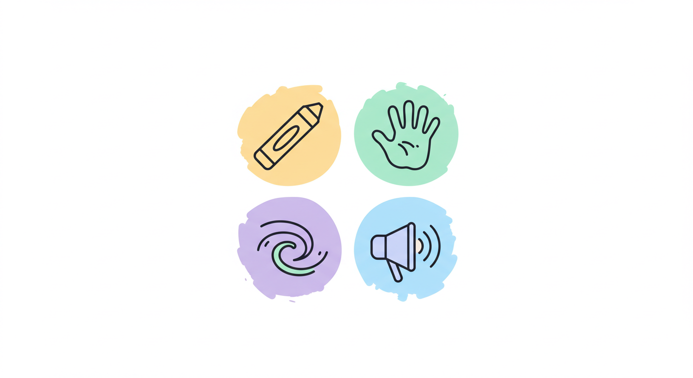 Four items such as hand, wind, speaker and pen, depicting Sensory Processing